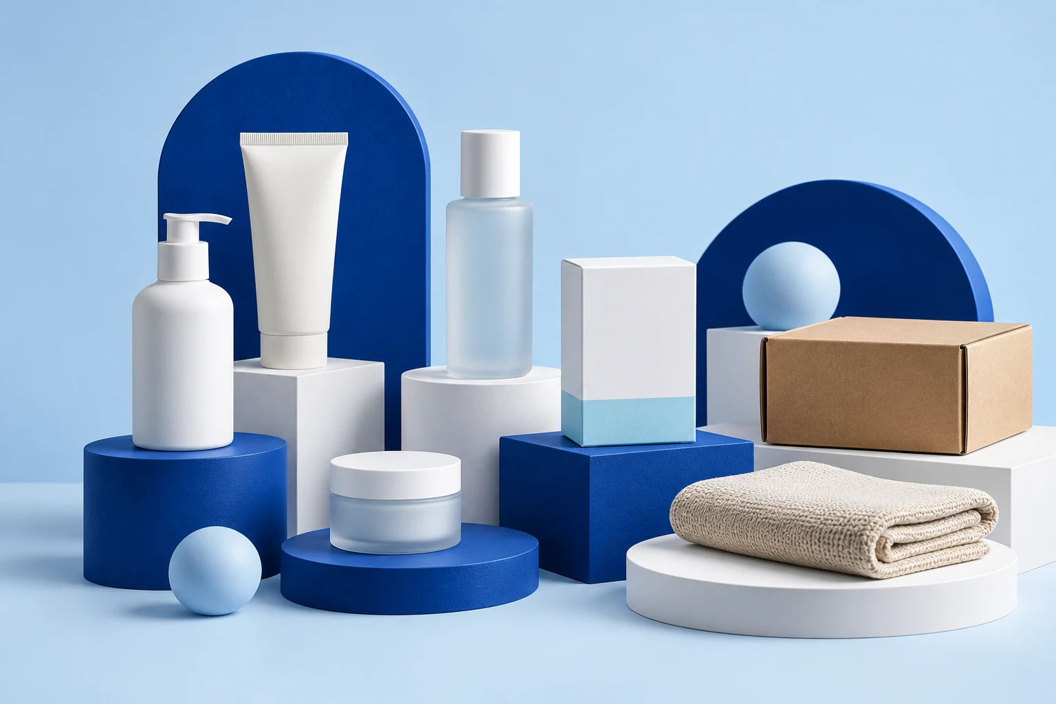 Unbranded skincare, a carton and folded fabric arranged on blue display podiums